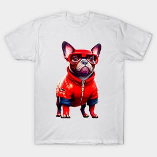 The Charismatic Frenchie: Racing in Red F1 Suit T-Shirt